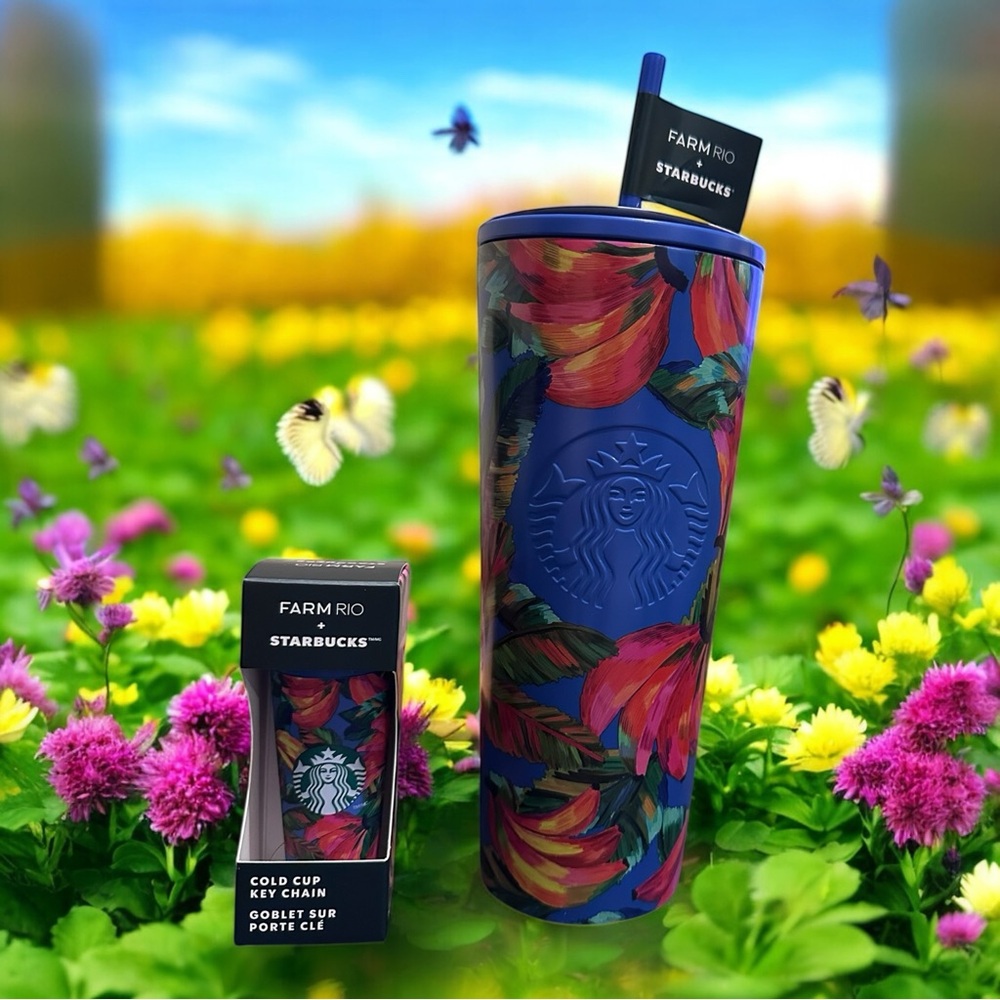 Starbucks FARM Rio Limited edition Blue & Orange Tumbler with matching key fob